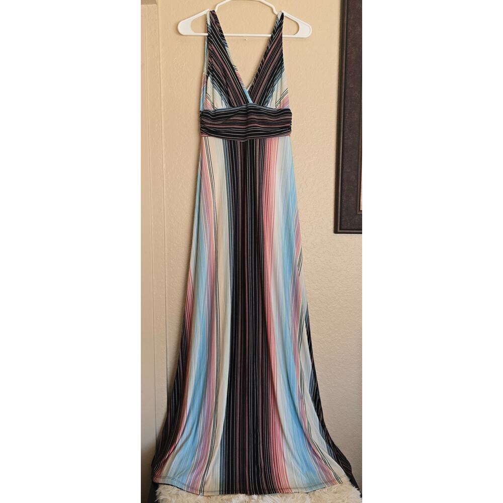 Vintage Body Central Multi-Color Striped Maxi Dress Womens Small V-neck USA made